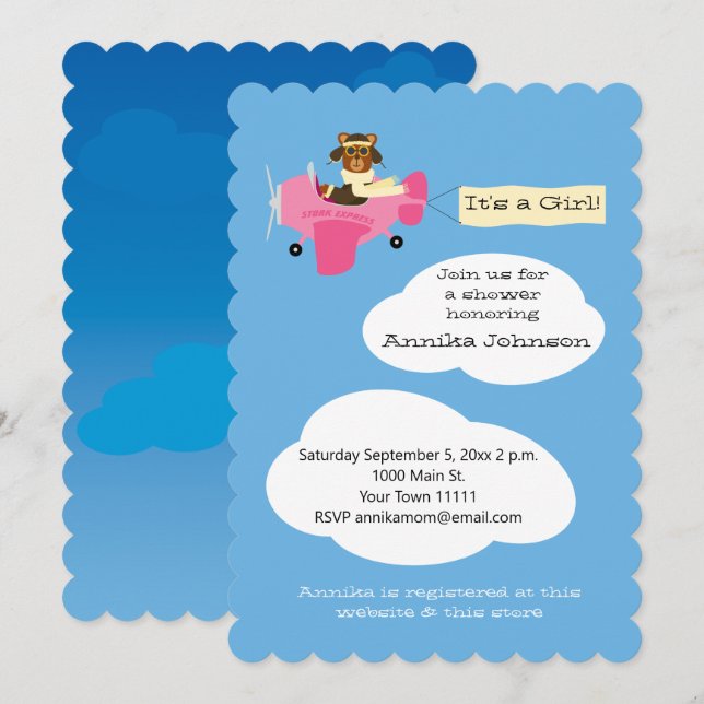 Cute Teddy Bear Pilot Aeroplane It's a Girl Invitation (Front/Back)