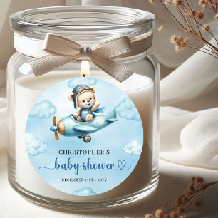 Cute Teddy Bear Pilot Airplane Blue Brown Baby  Classic Round Sticker