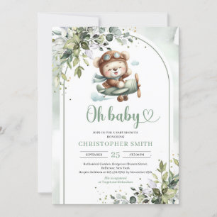 Cute teddy bear pilot gender neutral greenery arch invitation