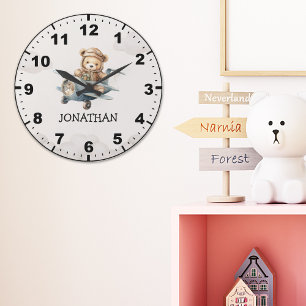 Cute Teddy Bear Pilot in a Sky Adventure Large Clock