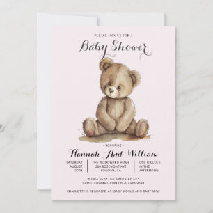 Cute Teddy Bear Pink Baby Girl Baby Shower Invitation