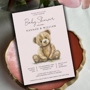 Cute Teddy Bear Pink Baby Girl Baby Shower Invitation
