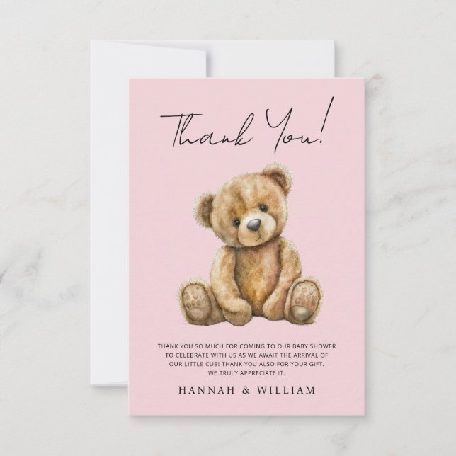 Cute Teddy Bear Pink Baby Girl Baby Shower Thank You Card (Front)