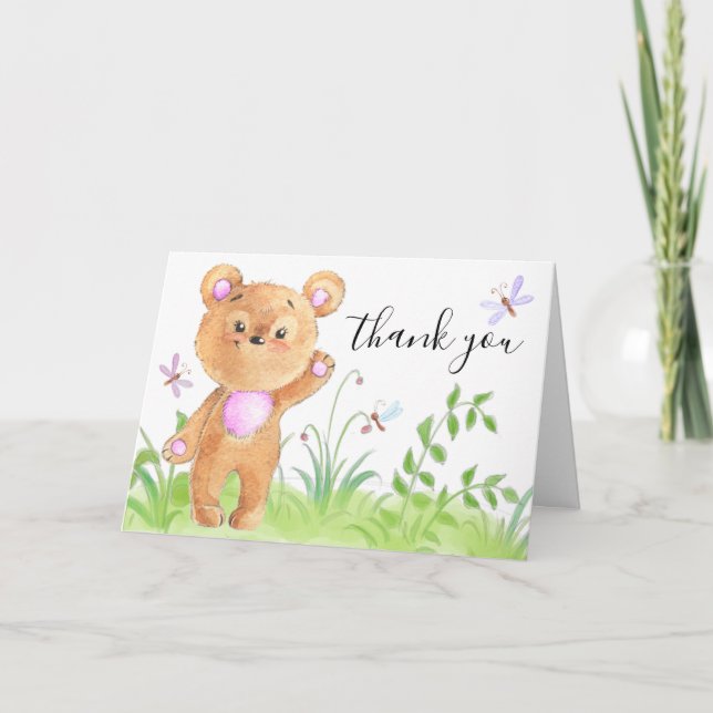 Cute Teddy Bear Pink Baby Girl Shower  Thank You Card (Front)