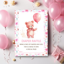 Cute Teddy Bear Pink Balloon Diaper Raffle Ticket