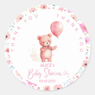  Cute Teddy Bear Pink Balloon Girl Baby Shower Classic Round Sticker