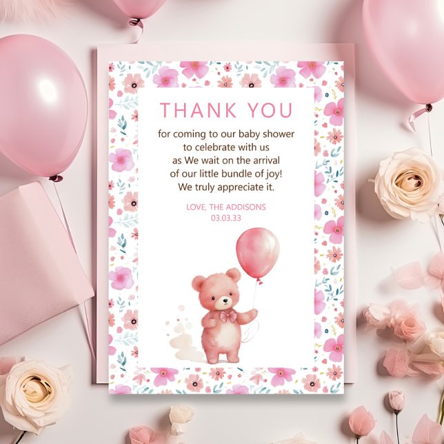  Cute Teddy Bear Pink Balloon Girl Baby Shower Thank You Card (Creator Uploaded)