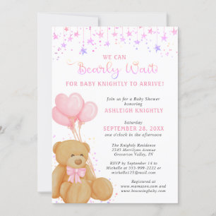 Cute Teddy Bear Pink Balloons Baby Shower Invitation