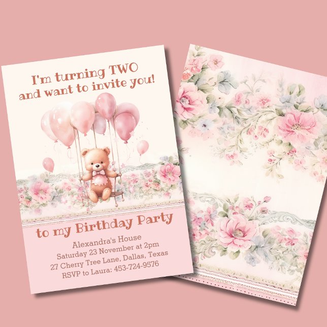 Cute Teddy Bear Pink Balloons Girl 2nd Birthday Invitation (Creator Uploaded)