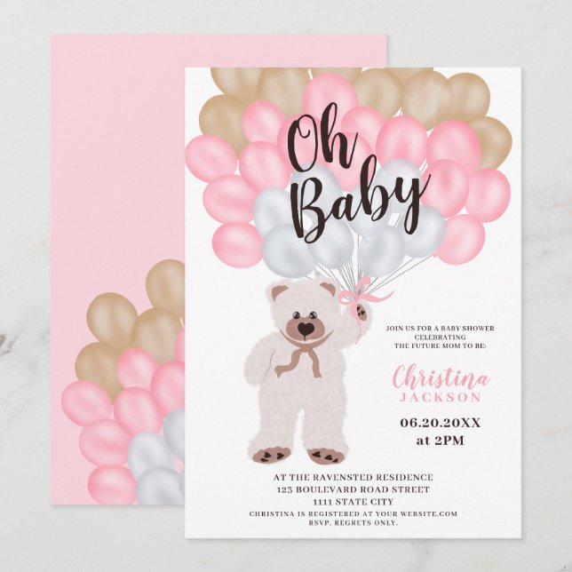 Cute teddy bear pink balloons girl baby shower invitation (Front/Back)