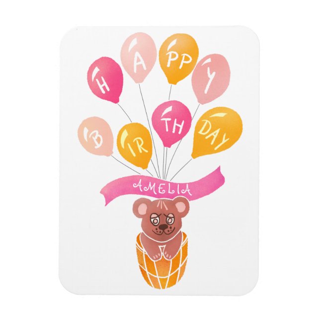 Cute Teddy Bear Pink Balloons Girl Birthday Card Magnet (Vertical)