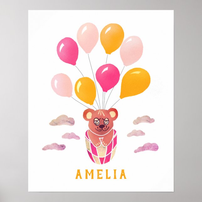 Cute Teddy Bear Pink Balloons Kid`s Name Poster (Front)