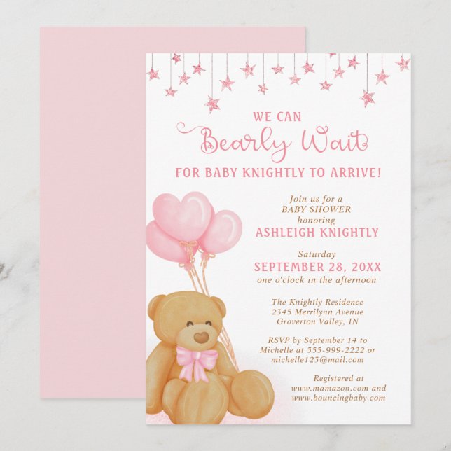 Cute Teddy Bear Pink Balloons Stars Baby Shower Invitation (Front/Back)