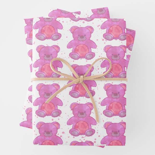Cute Teddy Bear Pink Custom Wrapping Paper Sheet (In situ)