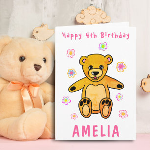 Cute Teddy Bear Pink Flowers Happy Birthday Kids Card