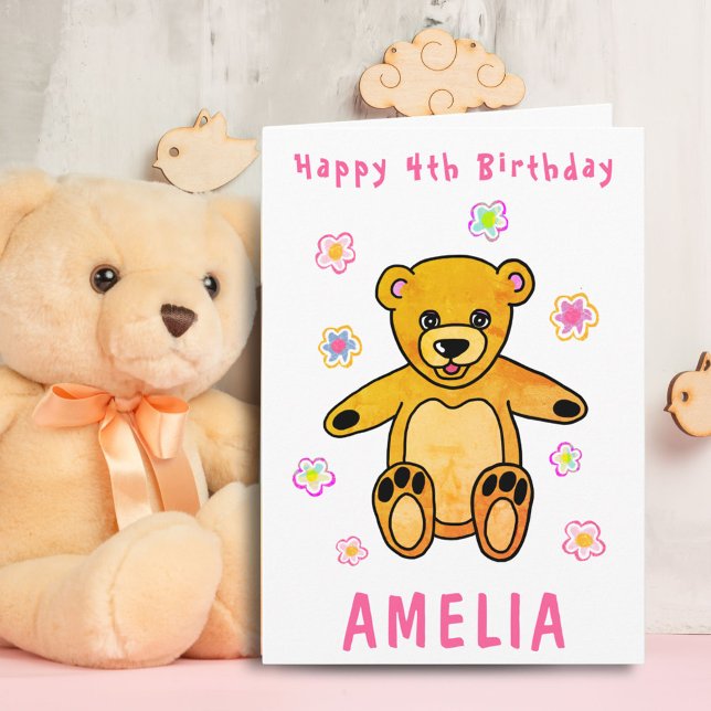Cute Teddy Bear Pink Flowers Happy Birthday Kids Card (Creator Uploaded)