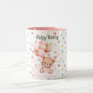 Cute Teddy Bear Pink flowers with Name Kid Two-Tone Coffee Mug