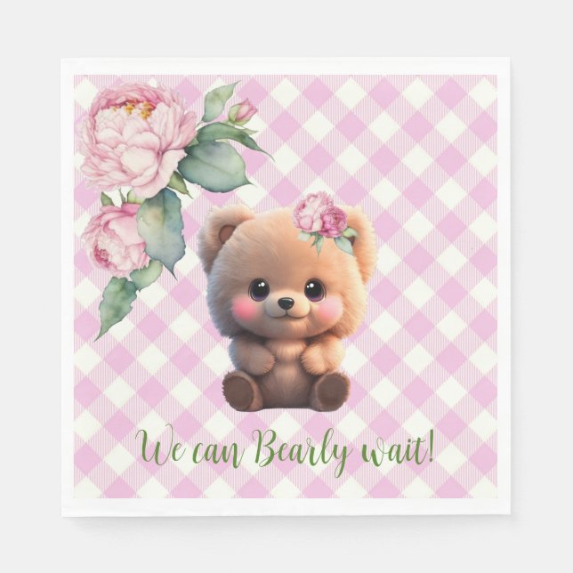 Cute teddy bear pink gingham floral Baby Shower  Napkin (Front)