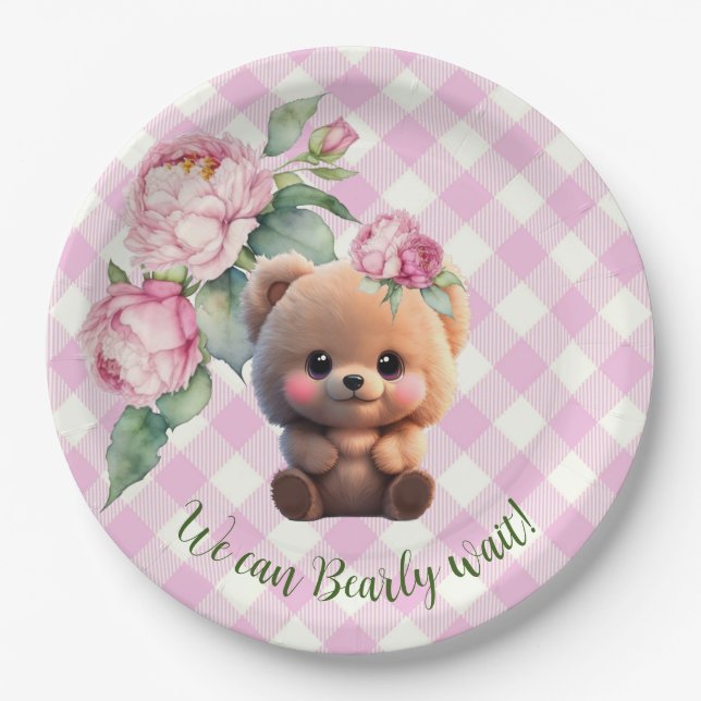 Cute teddy bear pink gingham floral Baby Shower  Paper Plate (Front)