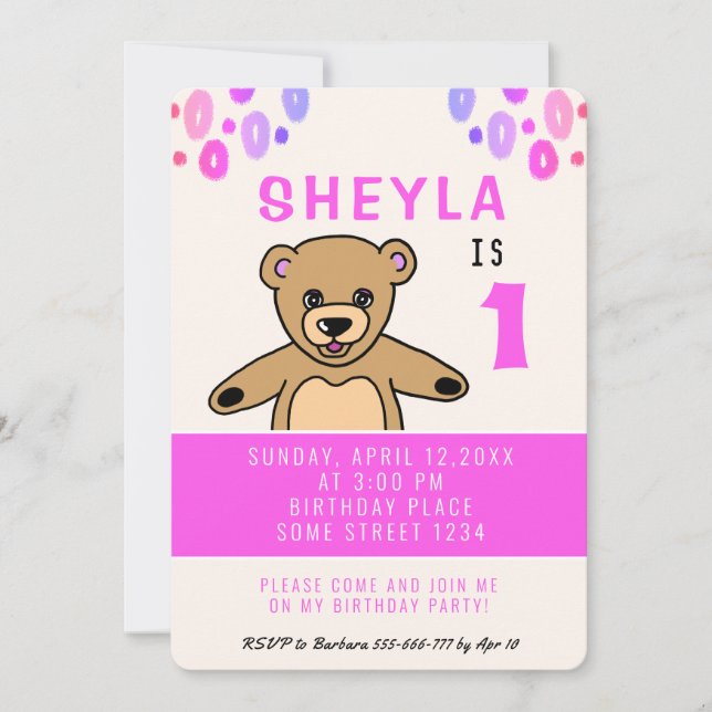 Cute Teddy Bear Pink Girl 1st Birthday Party Invitation (Front)
