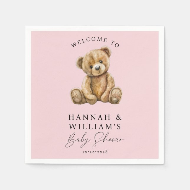 Cute Teddy Bear Pink Girl Baby Shower  Napkin (Front)