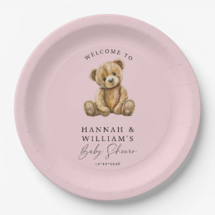 Cute Teddy Bear Pink Girl Baby Shower Paper Plate