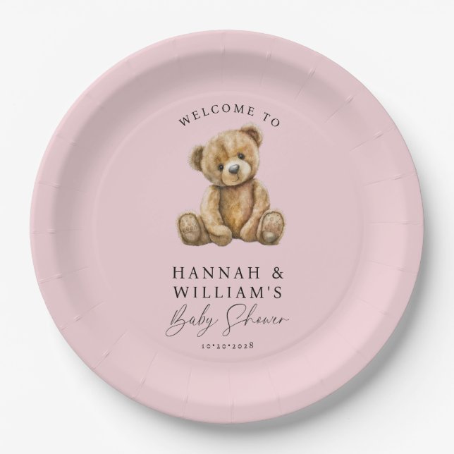Cute Teddy Bear Pink Girl Baby Shower Paper Plate (Front)