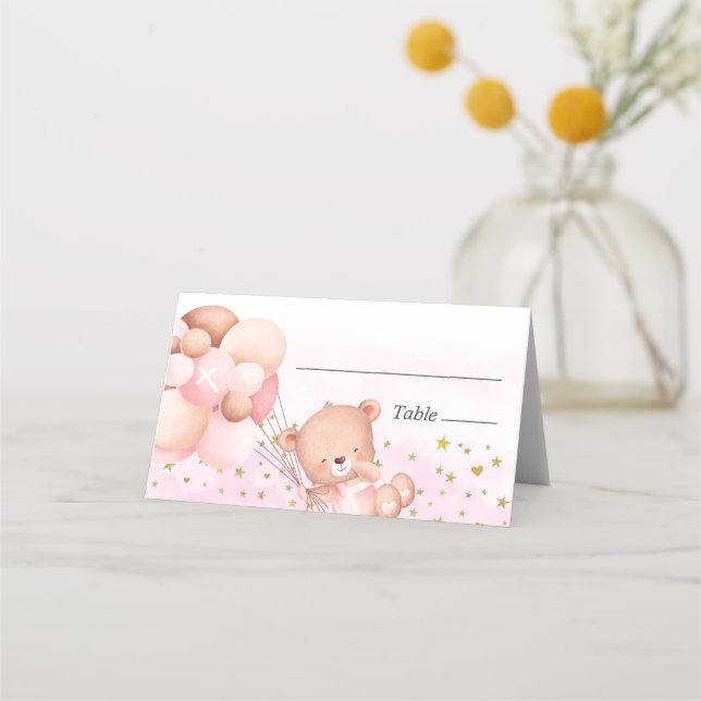 Cute Teddy Bear Pink Girl Baptism Place Card (Front)