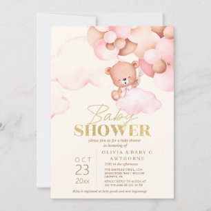 Cute Teddy Bear Pink & Gold Baby Girl Shower Invitation