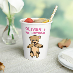 Cute Teddy Bear Pink Kids Birthday Party Paper Cups