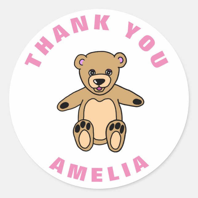 Cute Teddy Bear Pink Kids Birthday Thank You Classic Round Sticker (Front)