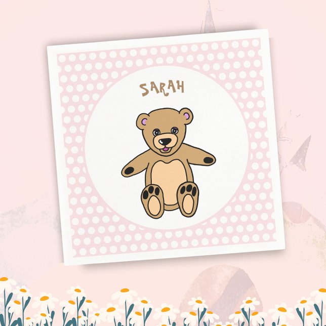 Cute Teddy Bear Pink Kids Name Birthday Party Napkin (Creator Uploaded)