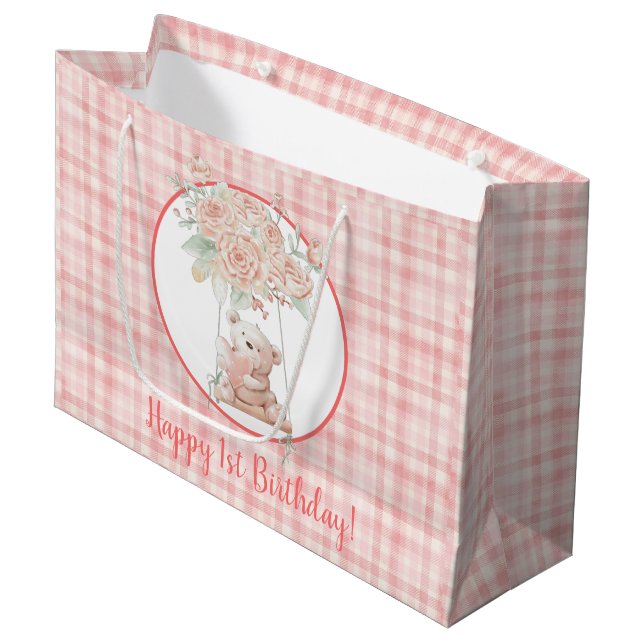 Cute Teddy Bear Pink Plaid Birthday Large Gift Bag (Front Angled)