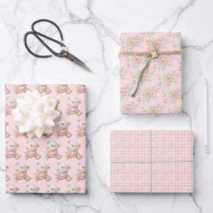 Cute Teddy Bear Pink Plaid Coordinated Wrapping Paper Sheet