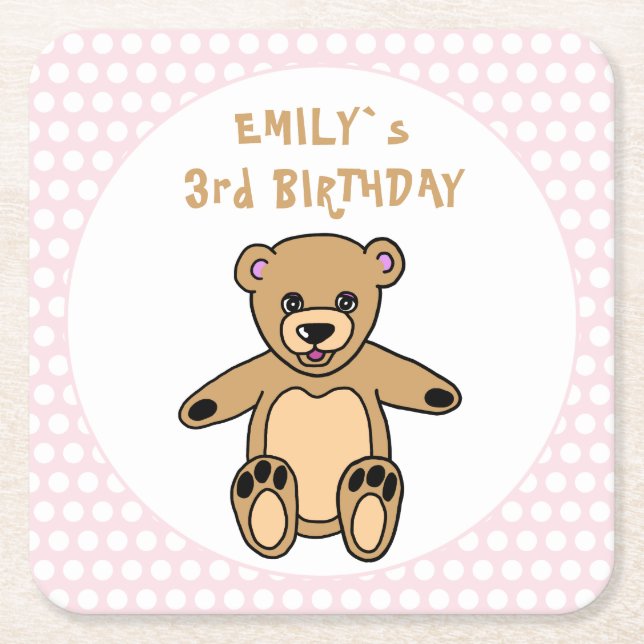 Cute Teddy Bear Pink Polka Dot Kid`s Birthday Square Paper Coaster (Front)