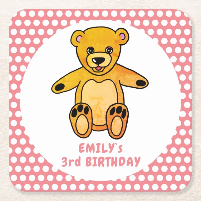 Cute Teddy Bear Pink Polka Dot Kid`s Birthday Square Paper Coaster (Front)