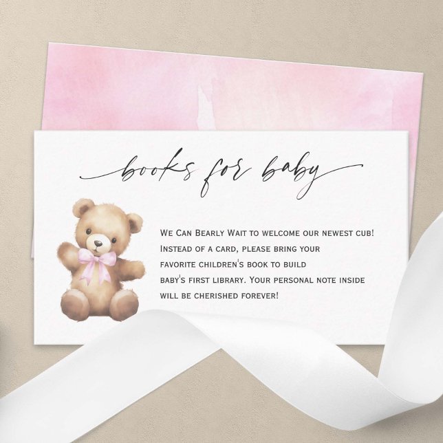 Cute Teddy Bear Pink Ribbon Books For baby Girl Enclosure Card (Pink We Can Bearly Wait, Teddy Bear baby  Girl Shower Books for Baby.)
