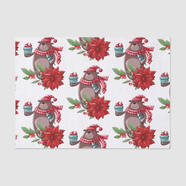 Cute Teddy Bear Poinsettia  Tissue Paper (Front)
