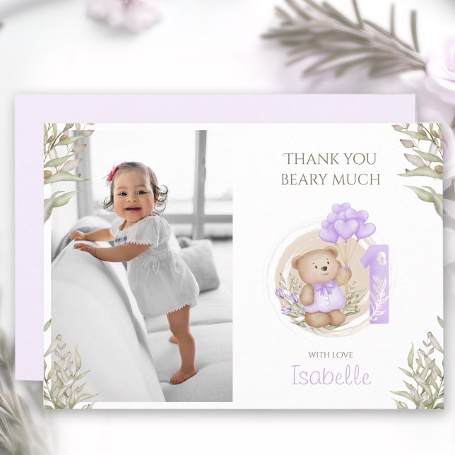 Cute Teddy Bear Purple 1st Birthday Photo Thank You Card (Cute Teddy Bear Purple 1st Birthday Photo Thank You Card)