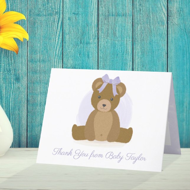 Cute Teddy Bear Purple New Baby Girl Thank You Card (Creator Uploaded)