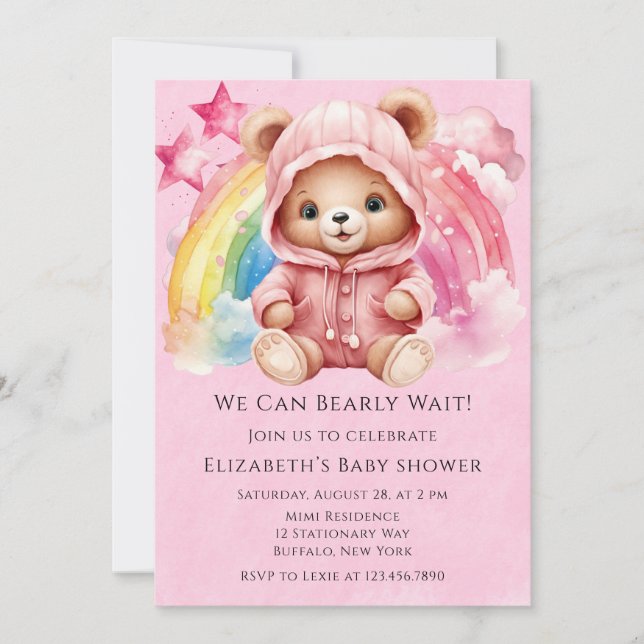 Cute Teddy Bear Rainbow Girl Baby Shower Invitation (Front)