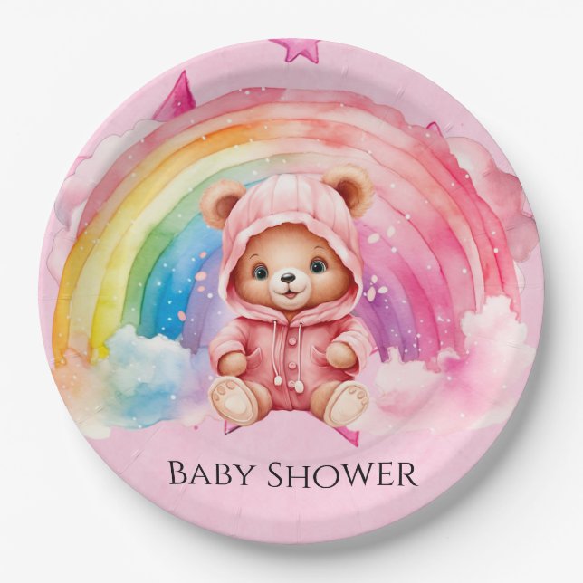 Cute Teddy Bear Rainbow Girl Baby Shower Paper Plate (Front)