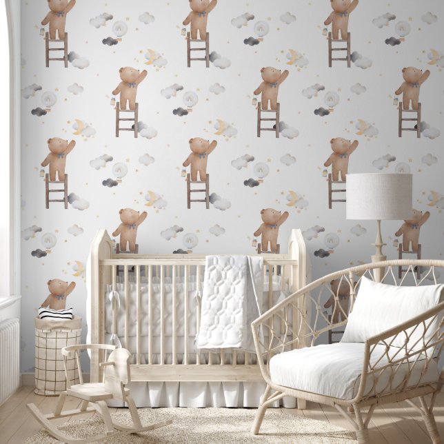 Cute Teddy Bear Reaching Stars Moon White Nursery Wallpaper (Kids)