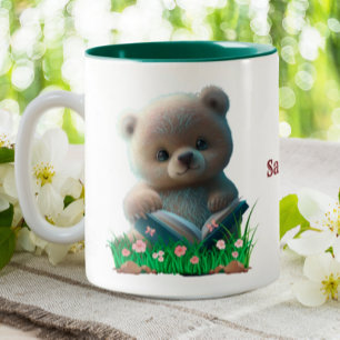 Cute Teddy Bear reading a book Personalised  Two-Tone Coffee Mug