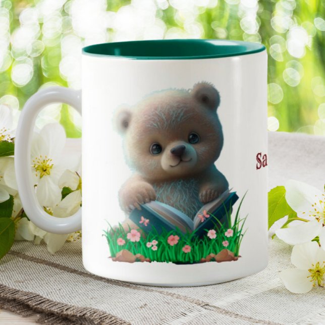 Cute Teddy Bear reading a book Personalised  Two-Tone Coffee Mug (Creator Uploaded)