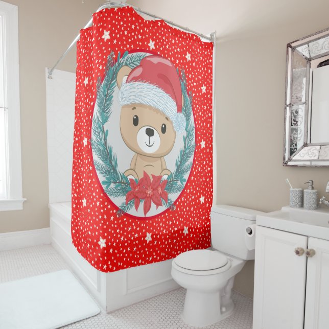 Cute Teddy Bear Red and White Stars Christmas  Shower Curtain (In Situ)