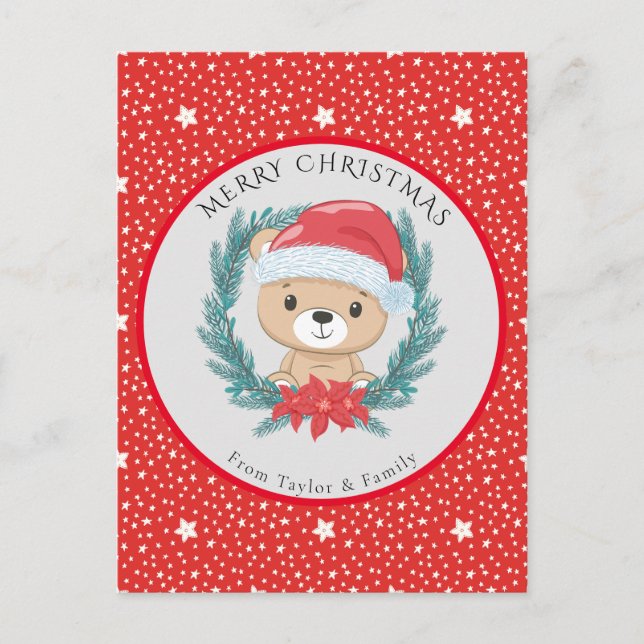 Cute Teddy Bear Red Merry Christmas  Holiday Postcard (Front)