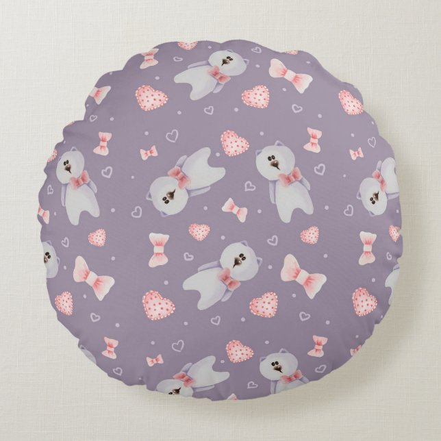 Cute Teddy Bear & Ribbon Pattern Round Cushion (Front)
