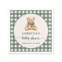 Cute Teddy Bear Rustic Green Plaid Baby Shower