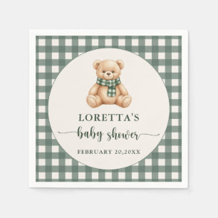Cute Teddy Bear Rustic Green Plaid Baby Shower  Napkin
